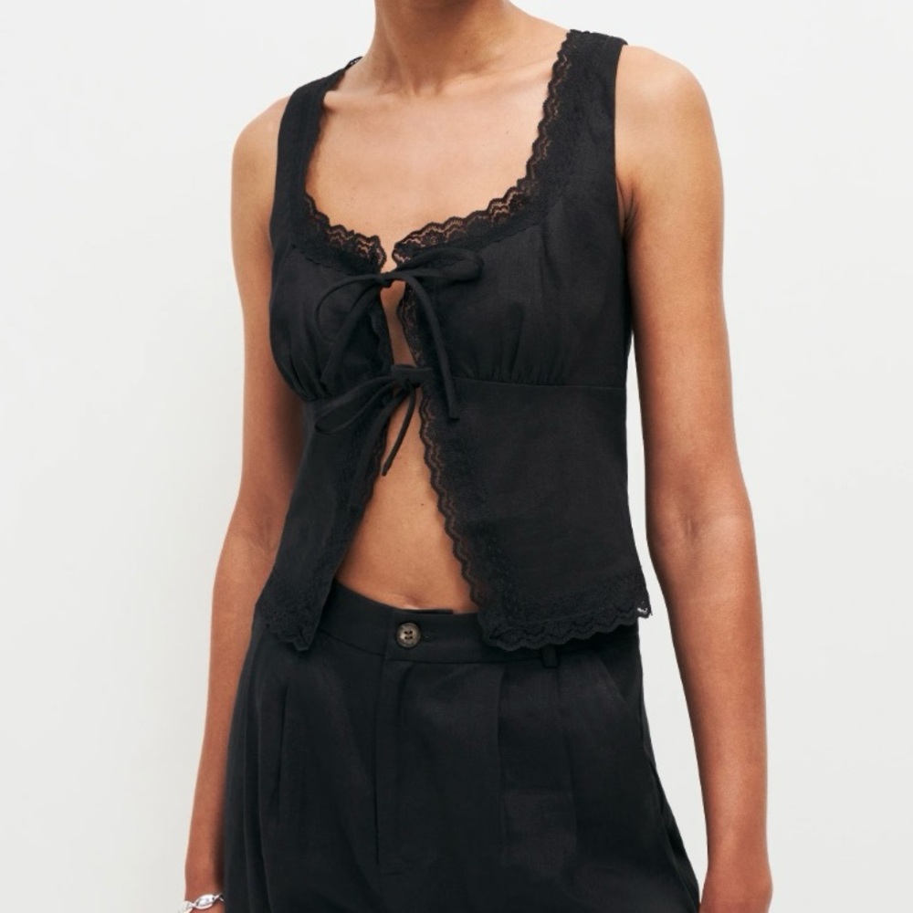 Reformation Black Lace-Trim Tie Front Tank